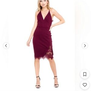 Astr Deep V Lace-Hem Midi Dress in Wine